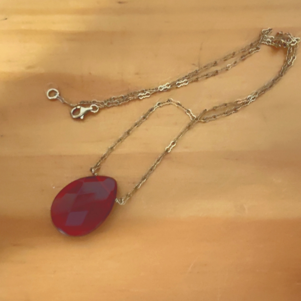 Red Briolette Cut Pendant Necklace with Gold Chain
